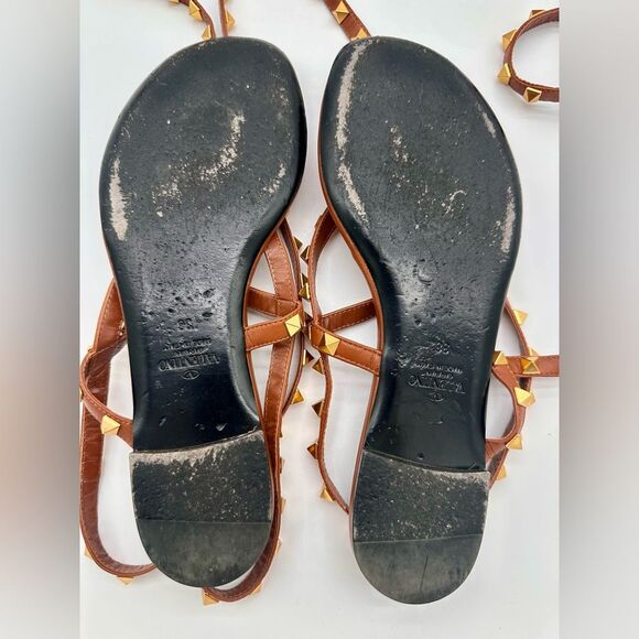 Valentino Garavani Rockstud Thong Sandals Brown Leather Gladiator Tie EU 38 US 8 - Picture 10 of 11